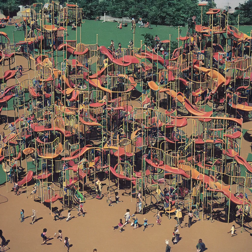 Prompt: full - color closeup 1 9 7 0 s photo of a vast incredibly - large complex very - dense tall many - level playground in a crowded schoolyard. the playground is made of dark - brown wooden planks, and black rubber tires. it has many spiral staircases, high bridges, ramps, and tall towers.