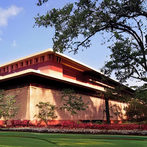 Prompt: frank lloyd wright designed robot manufacturing plant in baton rouge louisiana, telephoto, high resolution, highly detailed, intricate, beautiful, picturesque