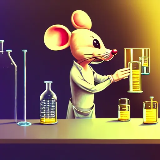 Image similar to anthropomorphic mouse performing a chemistry experiment, in a cluttered lab, lots of beakers, illustration, cyberpunk, sci - fi fantasy, intricate, elegant, highly detailed, digital painting, pastel colors, artstation, concept art