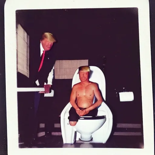 Image similar to donald trump seating on a toilet, polaroid photo