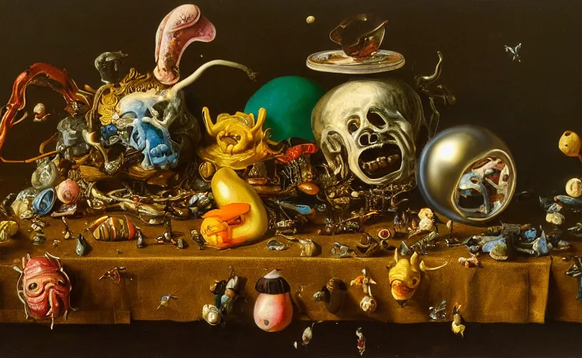 Image similar to disturbing colorful oil painting dutch golden age vanitas still life with bizarre objects strange gooey surfaces shiny metal bizarre insects rachel ruysch dali todd schorr very detailed perfect composition rule of thirds masterpiece canon 5 0 mm, cinematic lighting, photography, retro, film, kodachrome