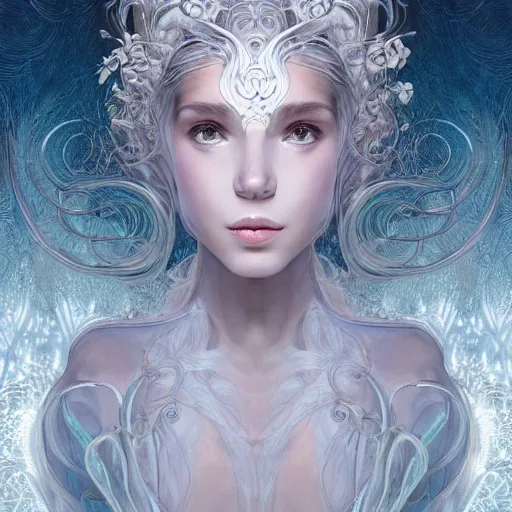 Image similar to a photograpic portrait of a anthropomorphic bioluminescent water wave wearing white clothes, fantasy, intricate, elegant, highly detailed, digital painting, artstation, concept art, smooth, sharp focus, illustration, art by artgerm and h r giger and alphonse mucha