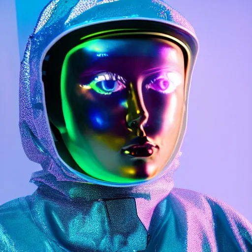 Image similar to an ultra high definition professional studio quality photograph of an artificially intelligent cyberpunk art influencer wearing a transparent iridescent pastel coloured face visor and matching bubbly puffy raincoat on white coat hook in a sheer icelandic black rock environment. dramatic lighting. volumetric shadows. light rays