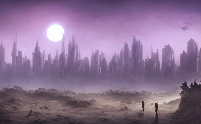 Image similar to matte painting of ant aliens in a desert, science fiction art, city in the skyline, two suns, gloomy, fog, elaborate, detailed digital art, trending in artstation, purple color lighting