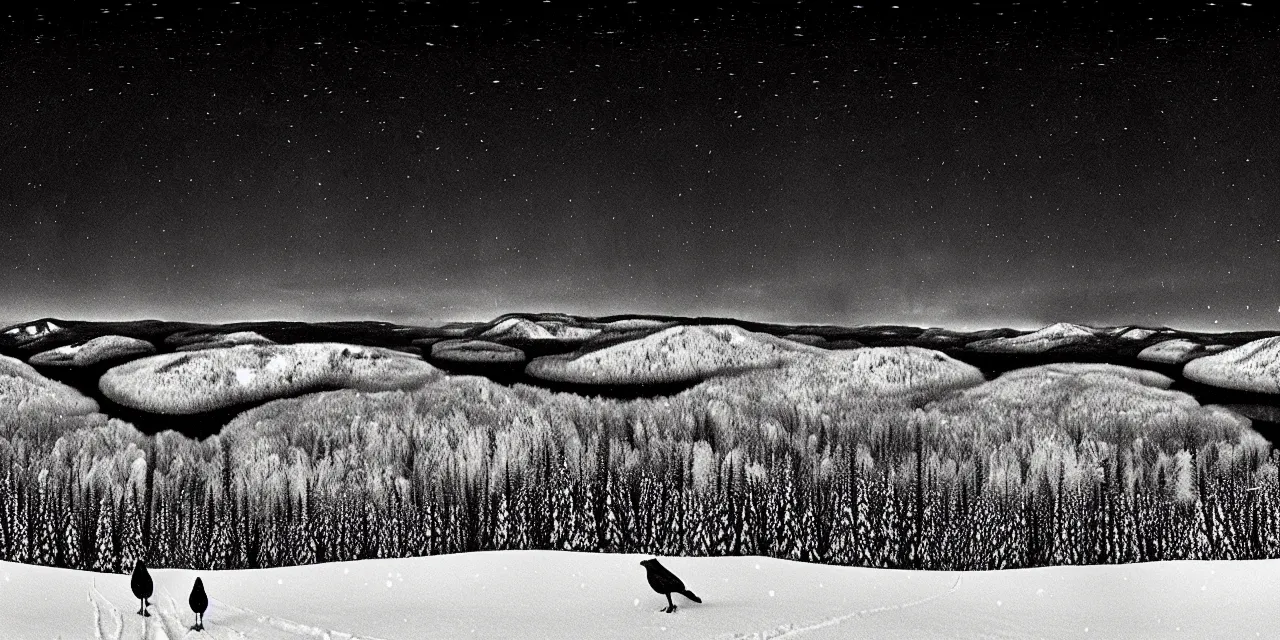 Prompt: laurentian appalachian mountains in winter, unique, original and creative black ink landscape, surrealist artwork, wide angle panorama, snowy night, distant town lights, aurora borealis, deers and ravens, lonely human walking, footsteps in the snow, fascinating textures, outstanding composition