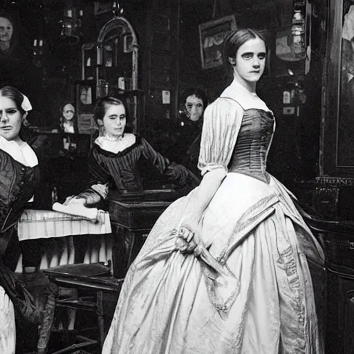 Image similar to emma watson 1 8 0 0 s in a busy saloon, black - and - white photo,