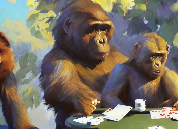 Prompt: one gorrila and one bear playing poker, highly detailed beautiful, by gregory manchess, james gurney, james jean