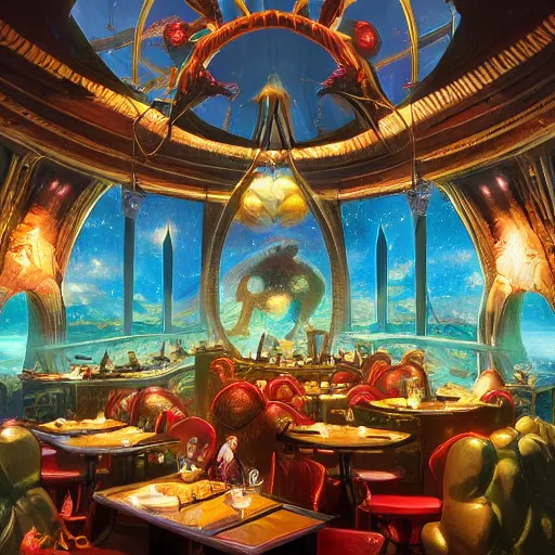 Image similar to The restaurant at the end of the universe, fantasy, vivid colors, elegant, concept art, sharp focus, digital art, Hyper-realistic, 4K, Unreal Engine, Highly Detailed, HD, Dramatic Lighting by Brom, trending on Artstation