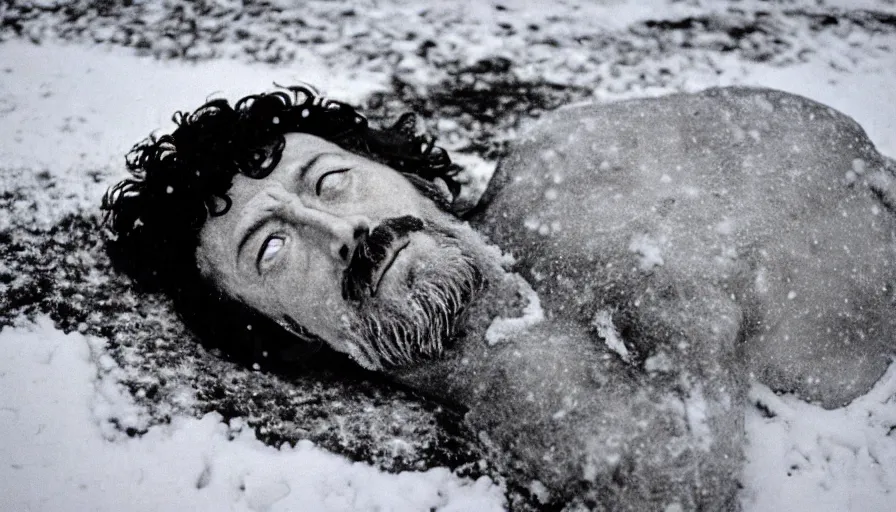 Prompt: 1 9 6 0 s movie still close up of marcus aurelius frozen to death under the snow on a river's shore with gravel, frozen hair, pine forests, cinestill 8 0 0 t 3 5 mm b & w, high quality, heavy grain, high detail, texture, dramatic light, anamorphic, hyperrealistic, detailed hair foggy