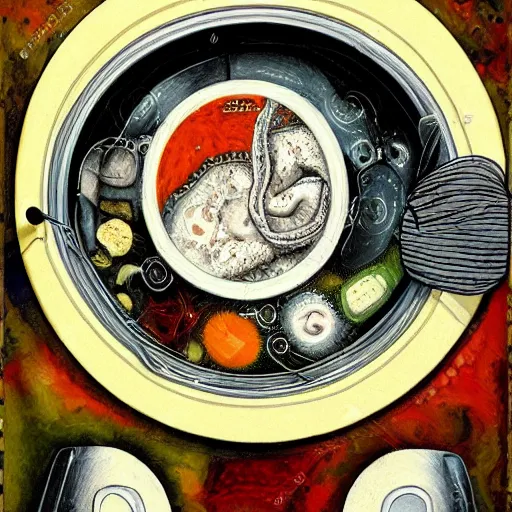 Prompt: soup inside of a washing machine, high textured, conceptual, intricate detailed painting, illustration sharp detail