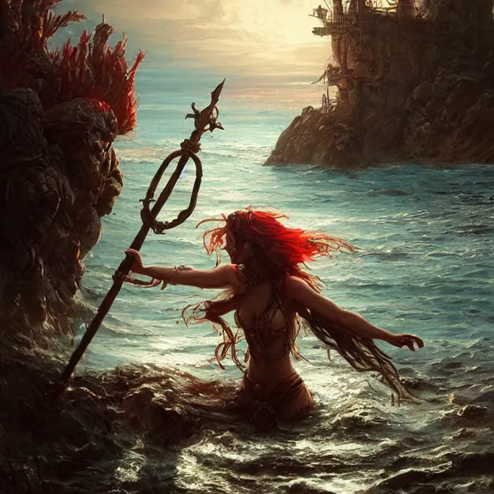 Image similar to sea witch pirate casting a spell in the water, d & d style, trending on artstation, intricate, highly detailed, vivid painting, colorful, art by greg rutkowski