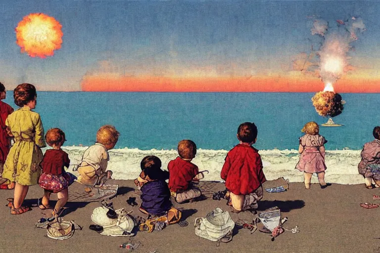 Prompt: children playing at the beach, huge atomic explosion in the background, view from above, detailed, by norman rockwell, by mattias adolfsson, by moebius, oil on canvas,