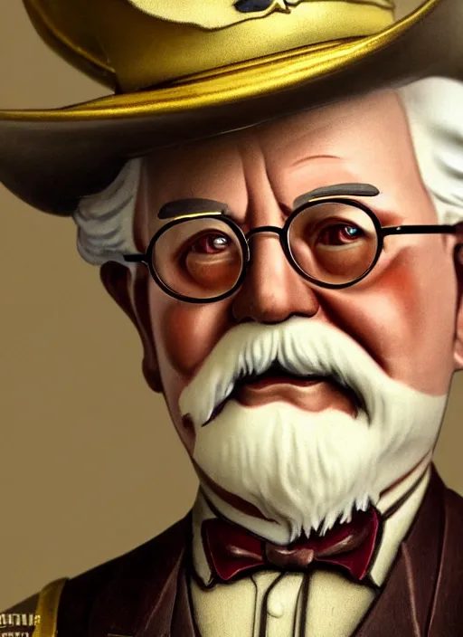 Image similar to close up portrait of colonel sanders, decorated civil war veteran, many medals by artgerm, cushart krenz, greg rutkowski, mucha. art nouveau. gloomhaven, golden arches logo, pale colors, sharp edges. ultra clear detailed. 8 k. elegant, intricate, octane render