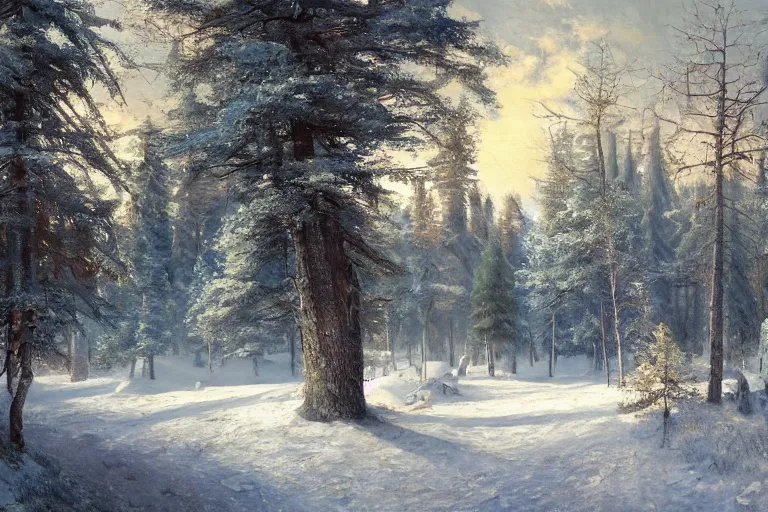 Prompt: A beautiful painting of russian village in dark forest by ivan shishkin and arkhip kuindji, trending on artstation, matte painting