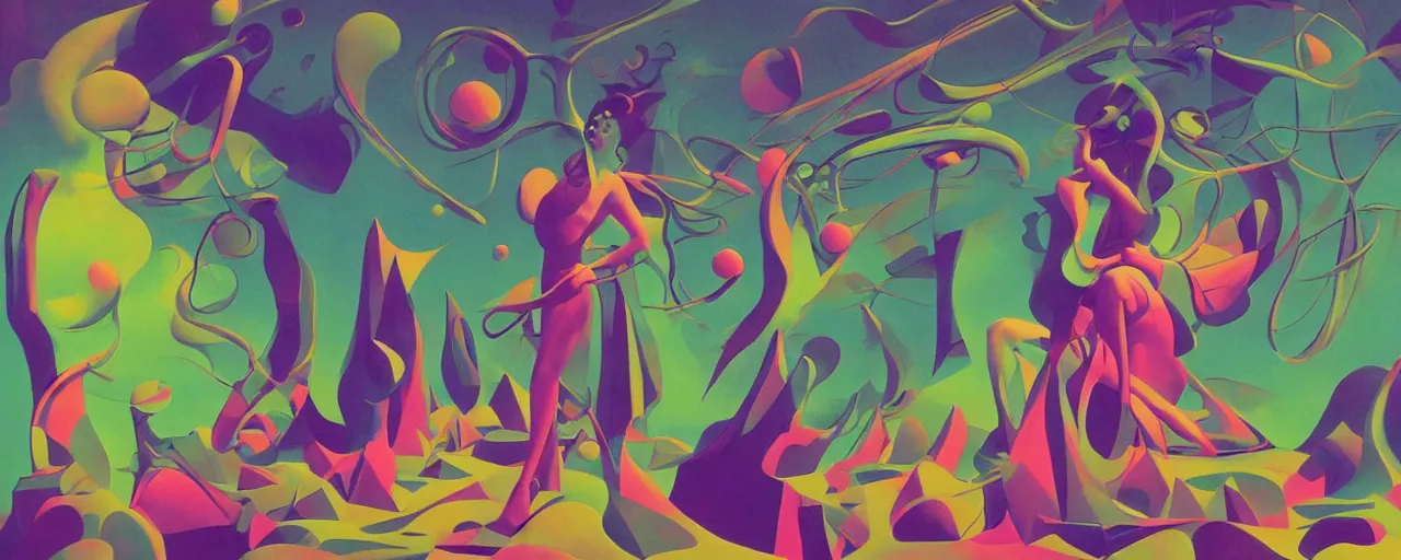 Image similar to musical goddess performing in Misono Universe, surrealist psychedelic collage painting in the style of Magritte, Roger Dean, Yoshio Awazu, 3d render, artstation trending, muted deep neon color