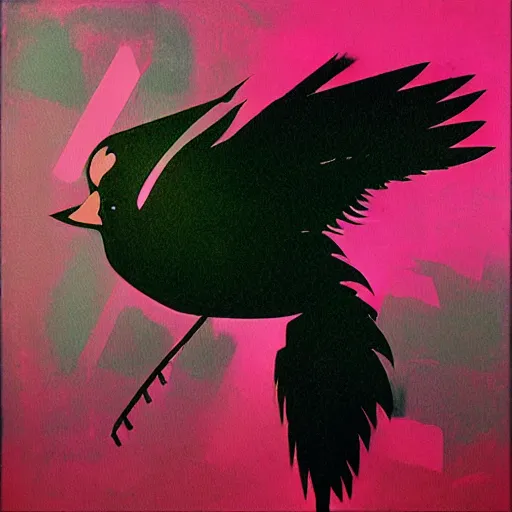 Image similar to the progressive rasterization of a bird, from a mechanical one into a pixel one, pink - noir oil on canvas by dave mckean and yoji shinkawa