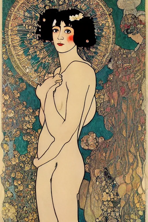 Prompt: portrait en buste of flapper girl of the roaring 20s by Aubrey Beardsley, Alphonse Mucha Gustav Klimt, Maxfield Parrish, Gerda Wegener, Henri de Toulouse-Lautrec, bold moody colors, flamboyant clothes, roaring twenties