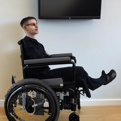 Image similar to a cyberpunk electric wheelchair equipped with a computer shelf that can be moved to work