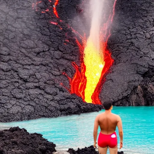 Image similar to man in a swimsuit getting swallowed by flowing lava on a volcano with magma eruptions