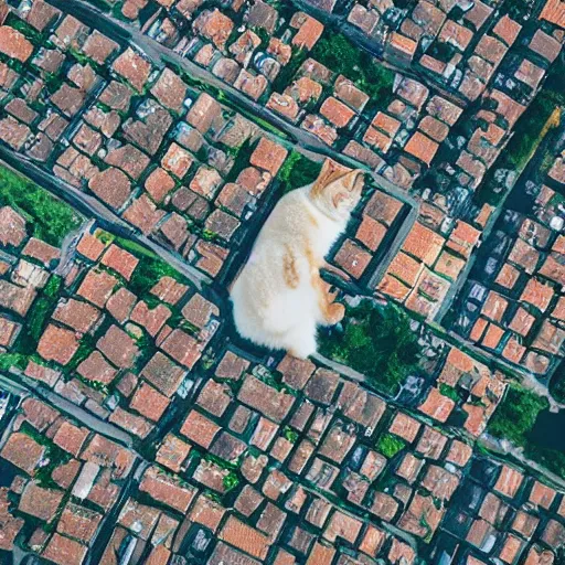 Prompt: Aerial photo of a giant fat cat laying over a city