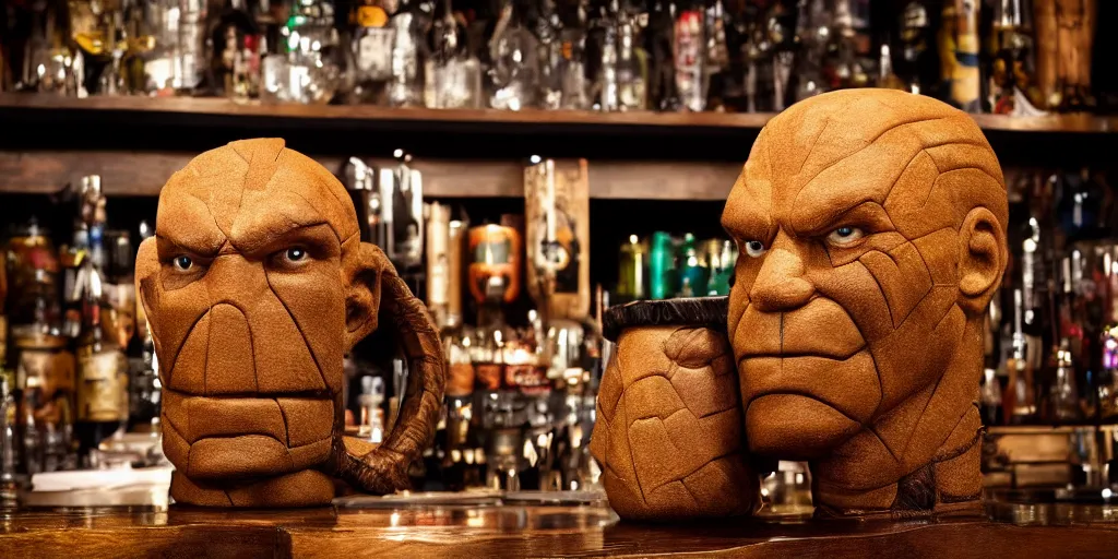 Prompt: phil spencer,, phil spencer, loseup photorealistic photograph of a ben grimm style tiki mug sitting on the bar at trader vic's with the face of ben grimm on it. fantastic four. tiki culture. bright scene. fine detail. this 4 k hd image is trending on artstation, 4 k,