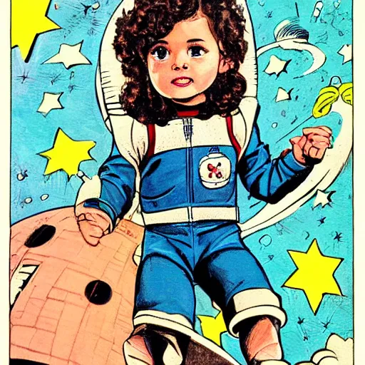 Image similar to a cute little girl with a mischievous face and short brown wavy curly hair. she is dressed as an astronaut. well composed, clean elegant painting, beautiful detailed face. comic book art by steve ditko and jack kirby and ( greg rutkowski )