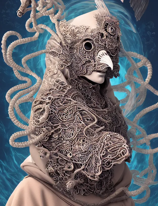 Image similar to 3 d goddess close - up profile portrait of cultist monk in hooded robe with ram skull. beautiful intricately detailed japanese crow kitsune mask and clasical japanese kimono. betta fish, jellyfish phoenix, bio luminescent, plasma, ice, water, wind, creature, artwork by tooth wu and wlop and beeple and greg rutkowski