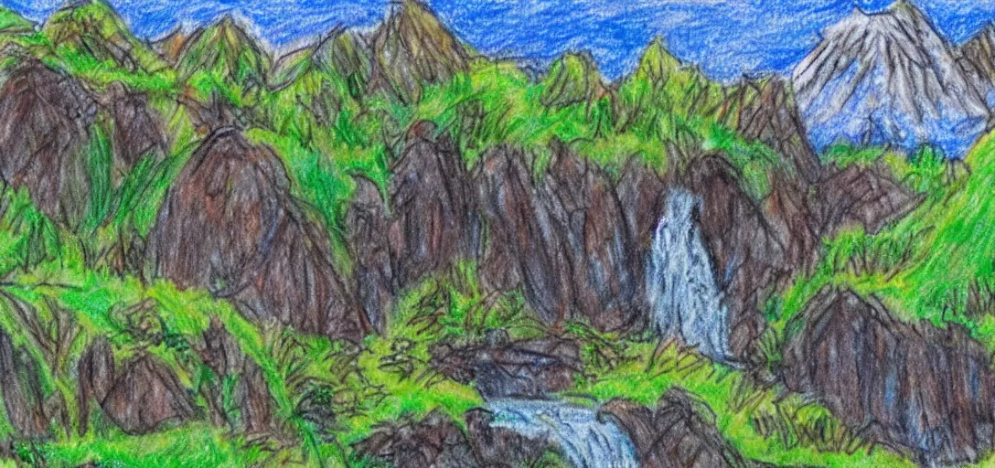 Image similar to Rivendell landscape poorly drawn in crayon by a five-year old