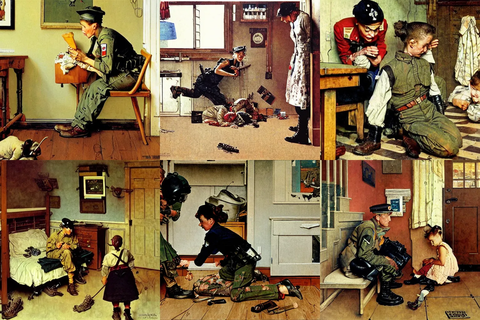 Prompt: A female soldier sneaks into a house, crawling under the furniture, while the family is having lunch. A painting by Norman Rockwell.