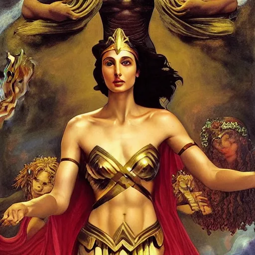 Prompt: Full body oil painting of the beautiful goddess Gal Gadot as hera, she is wearing roman clothes and a surreal jewelry, her hair is natural disheveled, she is approaching heaven over the clouds, naturalism, dramatic lighting, high-detailed oil painting by Ilya Repin, Michelangelo da Caravaggio, William Blake, Alex Grey and Beksinski, trending on Artsation, hystorical painting, naturalism, masterpiece, 4k, 8k,