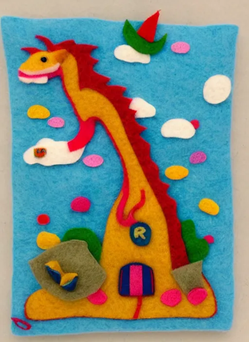 Prompt: felt dragon attacking happy gnome cute vibrant felt town