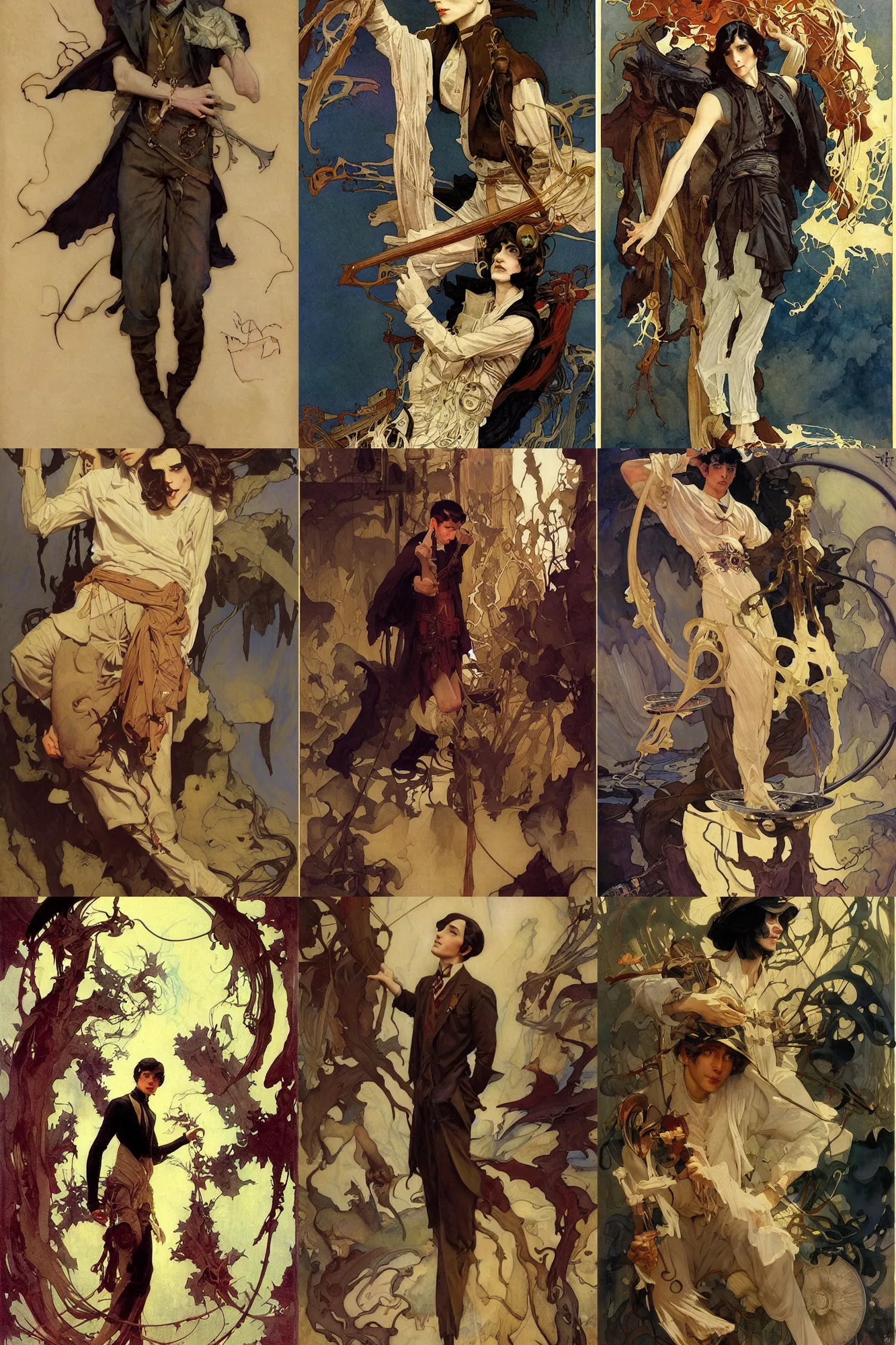 Prompt: thin young male alchemist, long dark hair, 1 9 2 0 s fashion, fantasy, art by joseph leyendecker, peter mohrbacher, ruan jia, finnian macmanus, marc simonetti, dean cornwell, ayami kojima, vasnetsov, cedric peyravernay, alphonse mucha