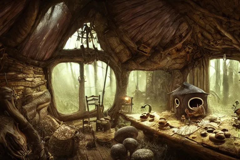 Image similar to Interior of a witches hut, 3d scene, render, ultra realistic, zenith view, Greg Rutkowski, artstation, cgsociety, level design, unreal engine mushroom goblin sweeps floor, cauldron boils over, 3d scene, render, ultra realistic, zenith view, Enki Bilal style