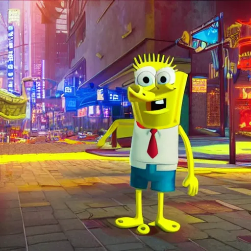 Prompt: 3 d render of spongebob in a cyberpunk city, octane 3 d render