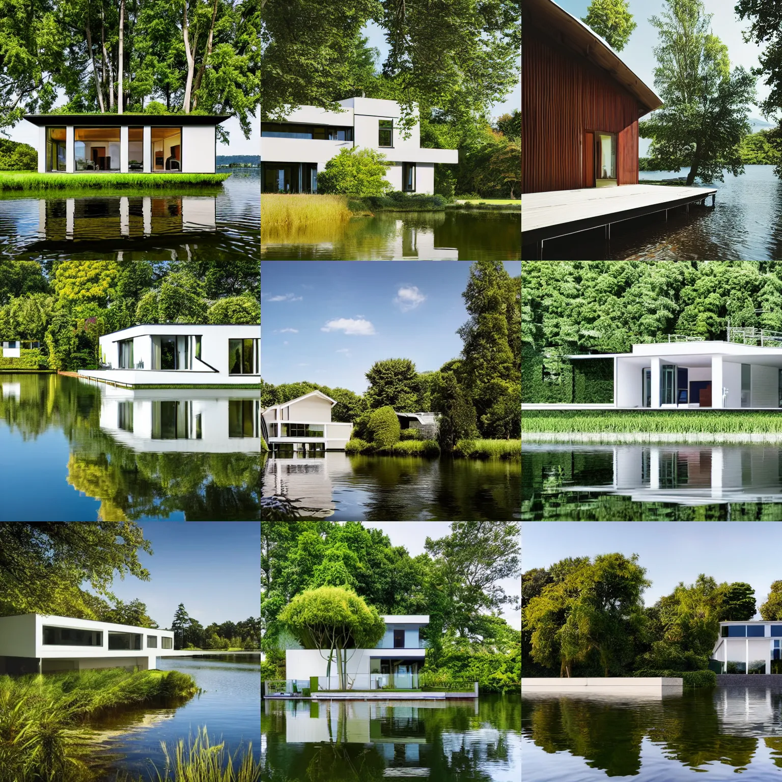 Prompt: architectural digest photo, wide angle, frontal view of house, bauhaus style house by a lake, summer, single floor, flat roof, patio, lush vegetation, trees bushes, plants, reed, secluded, calm serene relaxed, small dock, rowing boat, bushes, reflection in water, ultra realistic 8 k