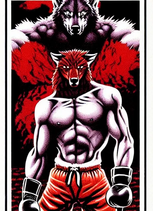 Image similar to extreme long shot. 8 bit nes graphics. antropomorphic muscular masculine wolf. kickboxer fighter, in shorts. wolf head. angry. fine details, very sharp, art from nes game cartridge, 8 0's, vhs artefacts, vaporwave style, marc simonetti and hermann nitsch and anish kapoor.