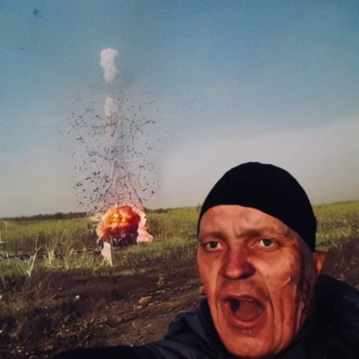 Prompt: last selfie of last alive funny scared ukrainian very damaged body to bones, bleeding crawling from nuclear explosion, big nuclear explosion at background, end of the life close