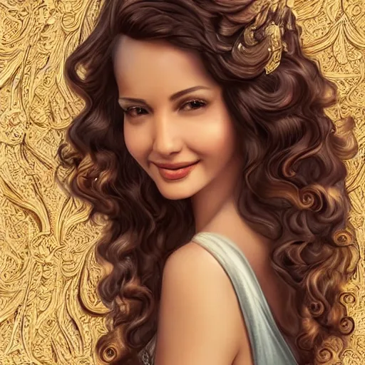 Image similar to beautiful female angel, brunette with big smile and curly hairstyle, looks like Ebru Şahin, Reyyan, looks like Fabiula Nascimento, looks like Laura Barriales, D&D, fantasy, intricate, elegant, highly detailed, digital painting, artstation, concept art, character design, smooth, sharp focus, illustration, art by artgerm and greg rutkowski and alphonse mucha