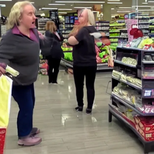 Prompt: Exhausted retail workers take out rage on elderly lady