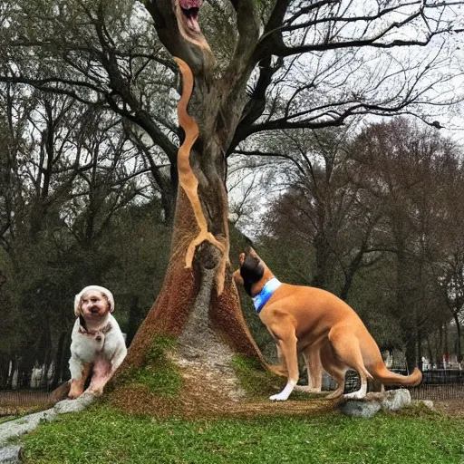 Prompt: doggos becoming a tree in the park, funny, photorealistic