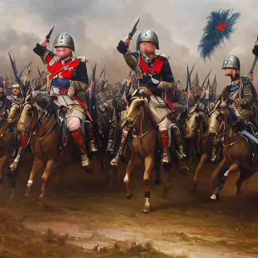 Image similar to general boris johnson leading his men into battle, glorified image, 8k, oil painting, photo realisitc face