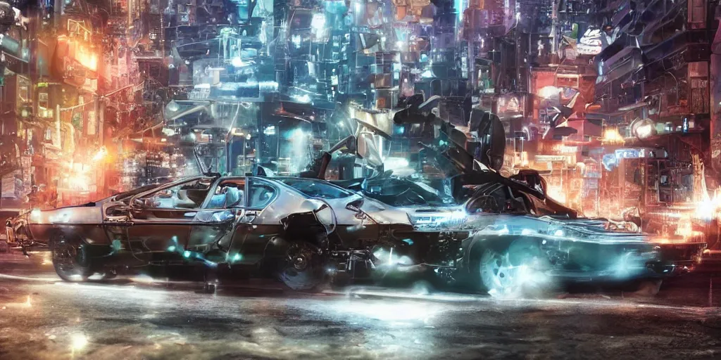 Image similar to a cyberpunk delorean breaking the space - time continuum, energy and time particles, dramatic framing, movie footage, 8 k