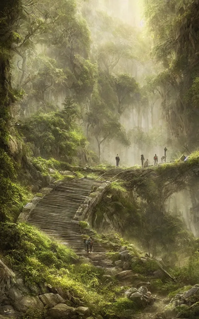 Prompt: the journey of life, each stage is a step in a stairway, detailed, 4 k, octane, a person walking up a set of stairs in the woods, a detailed matte painting by huang ding, cgsociety, fantasy art, mystical, mist