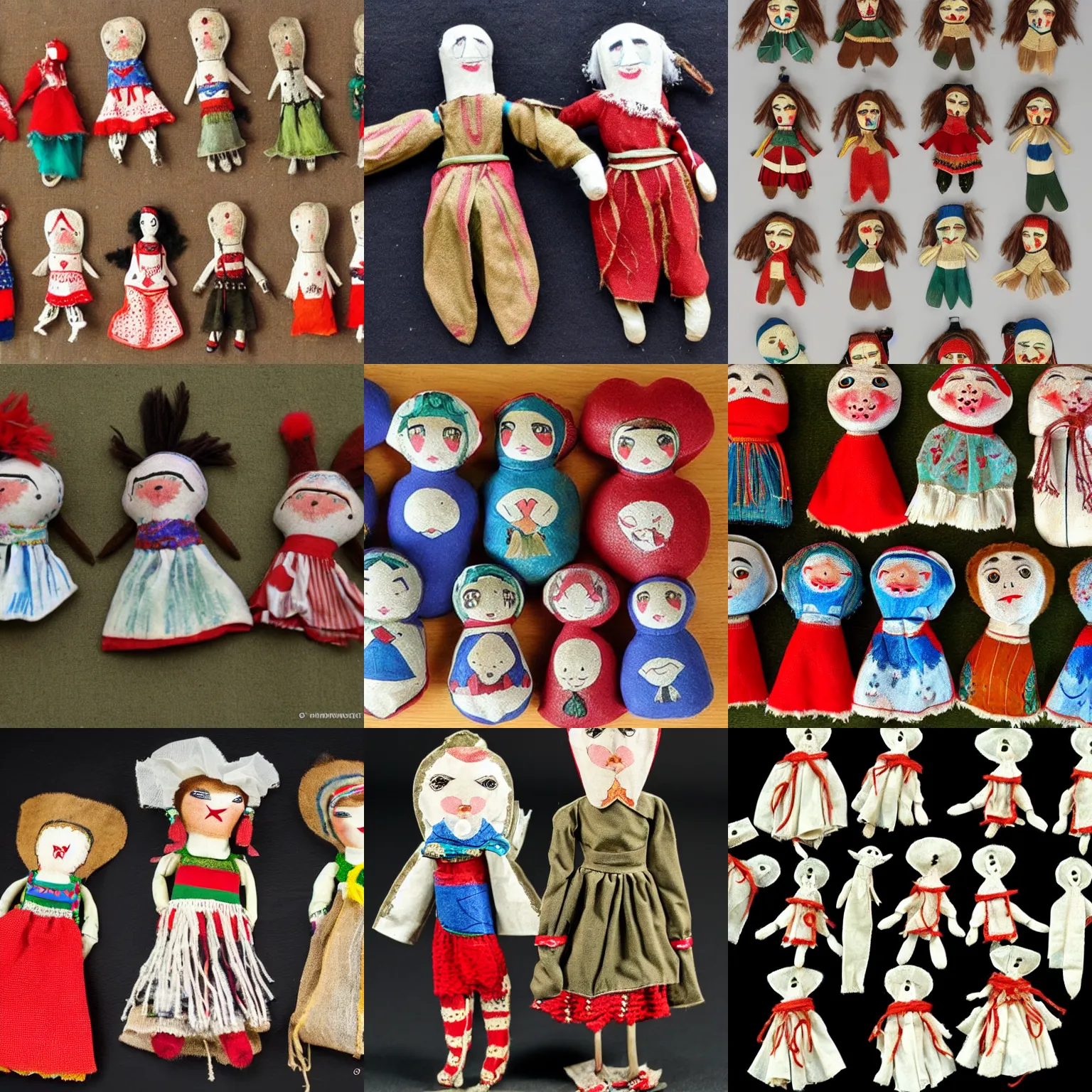 Prompt: Rag dolls Russian puppets used as amulets