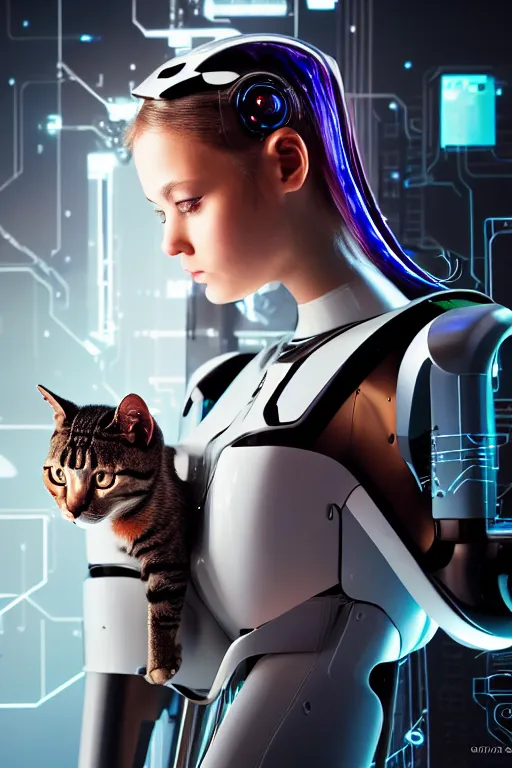 Prompt: cybernetic high tech girl with cat on her head, sci - fi, cyberpunk, futurism, exoskeleton, robot, strong artificial intelligence, symmetry, cinematic, elegant, luxury, professional studio light, perfect composition, dlsr photography, sharp focus, 8 k, ultra hd, sense of awe, highly detailed, hyper realistic, intricate, science journal cover