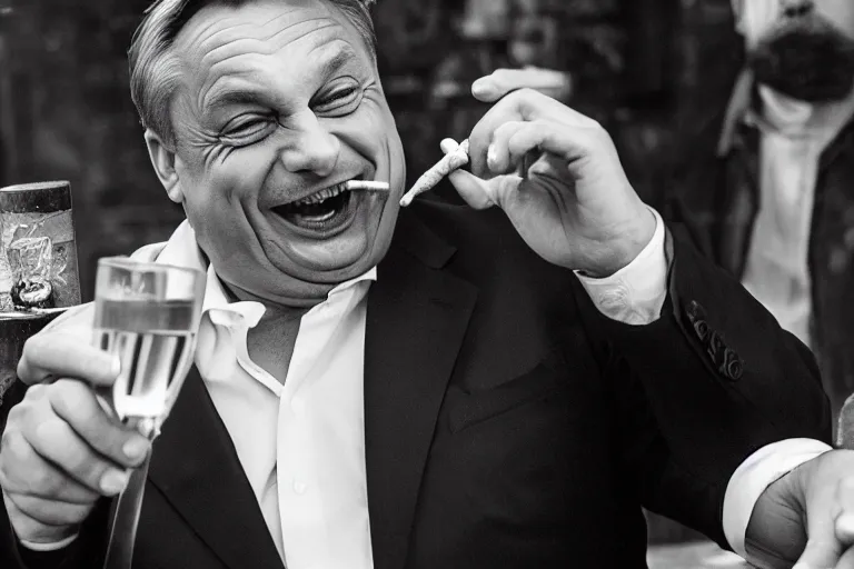 Image similar to viktor orban drinking champagne smoking cigar laughing hard by peter lindbergh