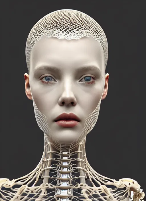 Prompt: complex 3d render ultra detailed of a beautiful porcelain translucent profile woman face, biomechanical cyborg, 150 mm, beautiful natural soft light, rim light, silver gold details, magnolia big leaves and stems, roots, fine foliage lace, maze like, mesh wire, intricate details, hyperrealistic, ultra detailed, mandelbrot fractal, anatomical, red lips, white metal neocubism armor, facial muscles, cable wires, microchip, elegant, green eyes, octane render, H.R. Giger style, 8k