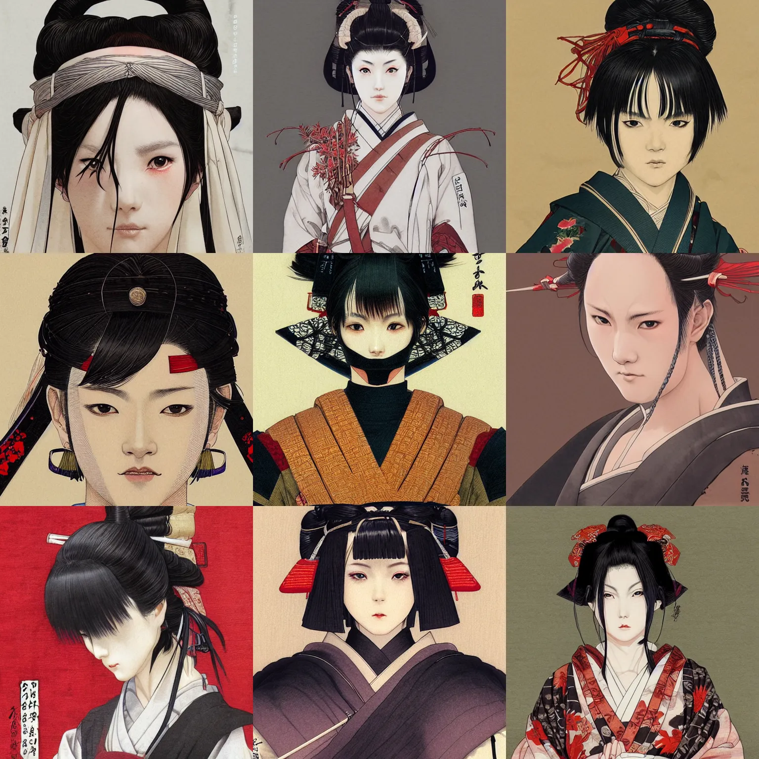 Prompt: hakama female warrior and taisho roman by takato yamamoto, symmetrical close up portrait, concept art, by wlop, artgerm, krenz cushart, greg rutkowski, pixiv