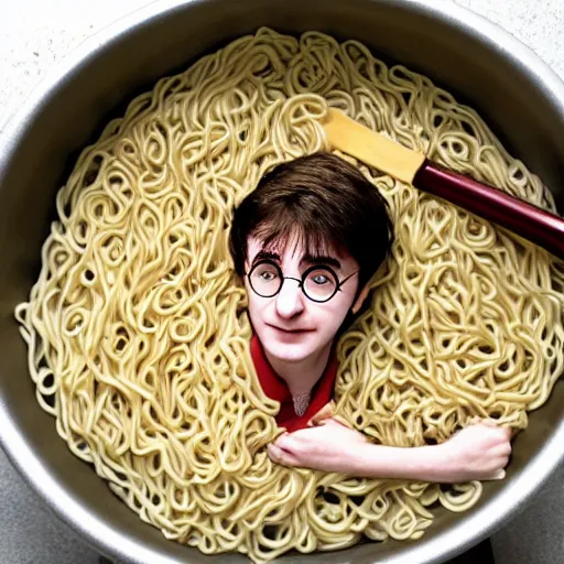 Prompt: Harry potter sitting in a bathtub full of noodles