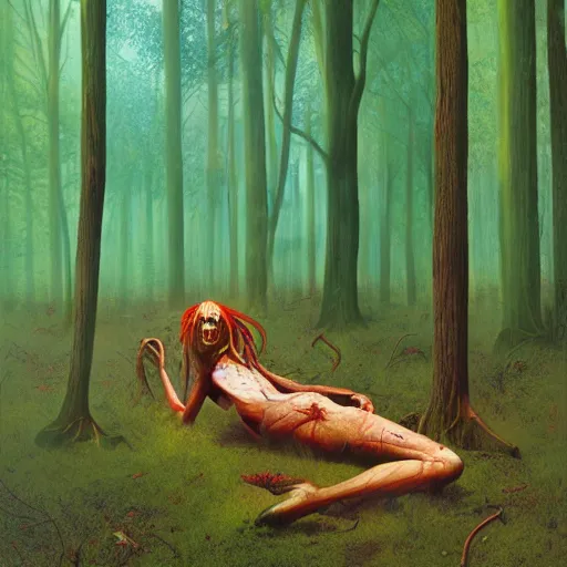 Prompt: corpse on forest floor, chromostereopsis beeple boris vallejo